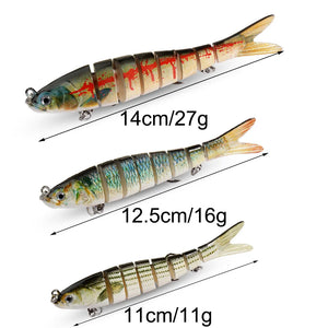 Jointed swimbait size chart in three colors