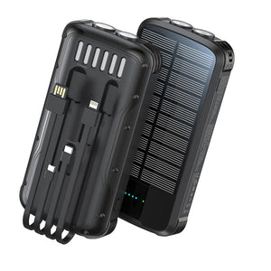 Black solar charger, back with four fold-in cables and two round lights on top, front solar panel