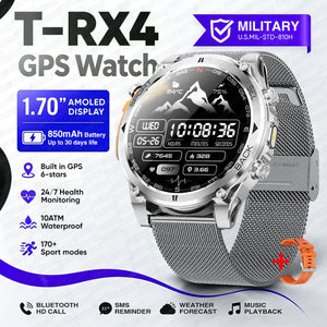 Silver watch with silver mesh band and spare orange silicone strap, digital mountain watch face