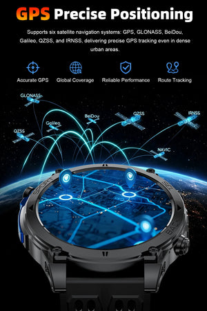 Black watch with map screen under satellite graphic labeled with six navigation systems