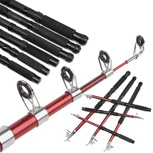 Close-up of metal line guides on a red fiberglass telescopic rod