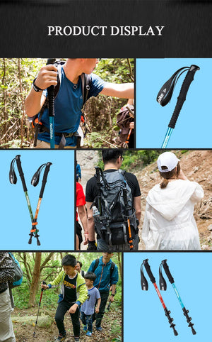 Hikers holding trekking poles on the trail, with close-ups of pole grips in several colors