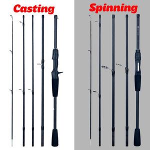 Casting and spinning travel fishing rods taken apart into sections