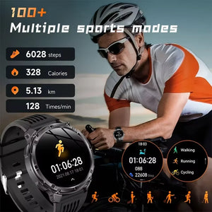 Black smartwatch on black band showing a workout timer, with cyclist and sport mode icons