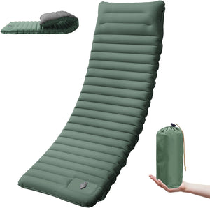 Green pad with gray pillow and green stuff sack in hand