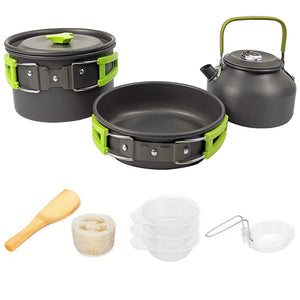 Green pot, pan and kettle with bowls, bamboo spatula, sponge and ladle