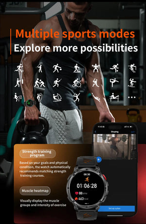 Black smartwatch showing workout timer beside phone training app, with sport icons and gym athlete
