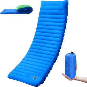 Blue pad with green pillow and blue stuff sack in hand