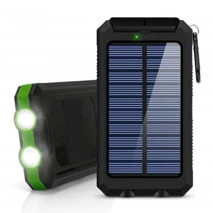 Green TrailCell solar power bank front and back with dual flashlights lit