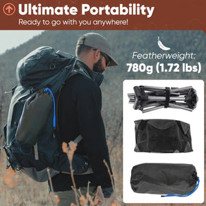 Hiker with ultralight chair in backpack, 780 g
