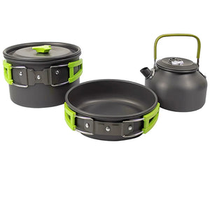 Green pot with lid, fry pan and kettle