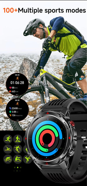 Mountain biker with black smartwatch showing activity rings, workout screens and sport mode icons