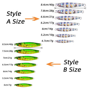 Style A and Style B metal jig size charts from 7 g to 40 g