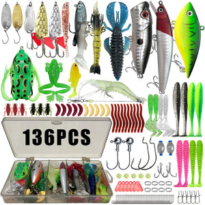136-piece fishing lure kit laid out with its clear tackle box