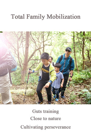 Family hiking on a forest trail, a child walking with a trekking pole
