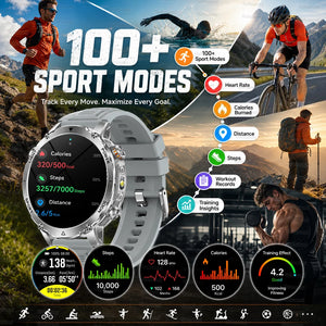 Silver smartwatch with light grey strap showing activity stats, surrounded by runners, cyclist and hiker