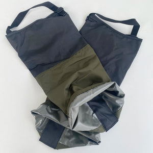 Black and olive gaiters laid out, straps and shiny inner lining showing