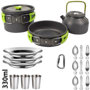 Green 3-person set with 330 ml cups, plates and folding utensils