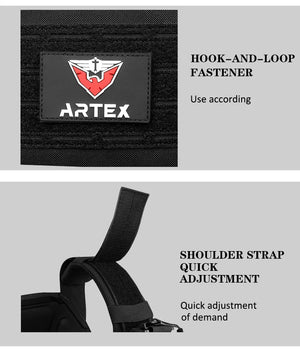 Artex patch on a hook-and-loop panel, and the shoulder strap adjuster