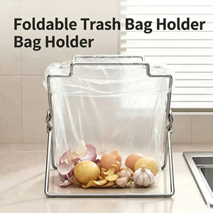 Front view of steel bag holder with egg shells and garlic peels on counter by the sink