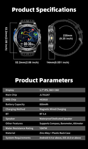 Front and side dimension diagram 52.2 mm case, 14 mm thick, 235 mm band, with specification table