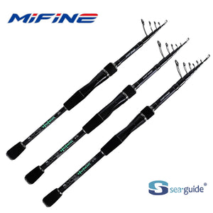 Three telescopic fishing rods with black carbon blanks and EVA grips
