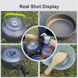 Real photos of the kettle, pan, pot and bamboo spatula outdoors