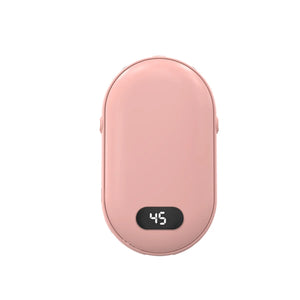 Pink rechargeable hand warmer showing 45 on the screen, front view