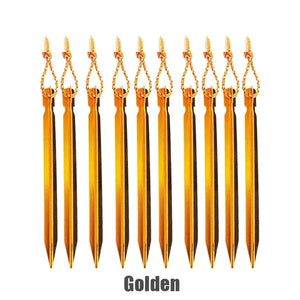 Ten gold Y-beam tent stakes with pull cords