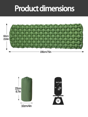 Size chart: 75 x 23.6 in pad and packed sack