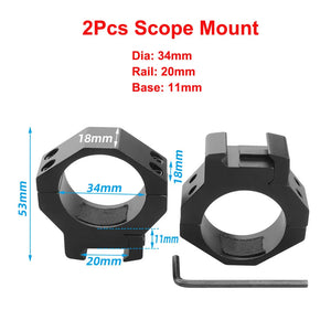 SteadyRing size chart: 34mm tube, 20mm Picatinny rail, 11mm base, 53mm tall