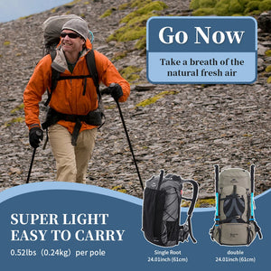 Hiker on a rocky slope with trekking poles; pole weight 0.24 kg and 61 cm folded, strapped to backpacks
