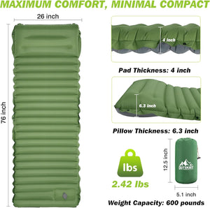 Size chart: 76 x 26 in pad, 4 in thick, 6.3 in pillow, 2.42 lb, packs to 12.5 x 5.1 in