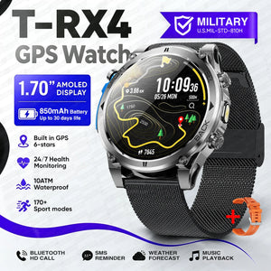 Gray watch with black mesh band and spare orange silicone strap, topo map face and feature icons