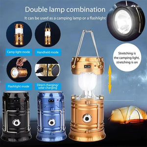 Lantern uses: camp light, handheld, flashlight and solar or cable charging, in black, blue and gold