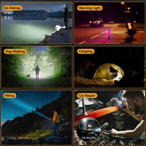 Six uses: fishing, roadside warning light, dog walk, camping, hiking and car repair