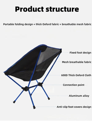 Mesh moon chair parts: 600D Oxford cloth, mesh, aluminum frame, anti-slip feet
