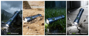 Blue flashlight in rain, sand, grass and on broken concrete