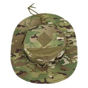 Top of the camo boonie hat showing the patch panel, mesh vent and crown loops