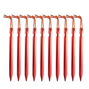 Ten red Y-beam tent stakes with pull cords