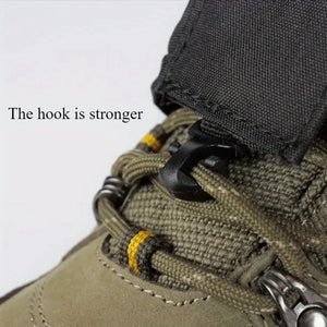 Close-up of the plastic front hook clipped onto boot laces