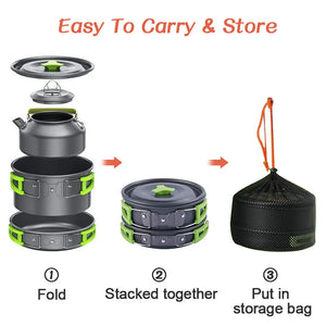 Kettle, pot and pan fold, stack together and go in the mesh bag
