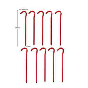 Ten red hook tent stakes in two rows