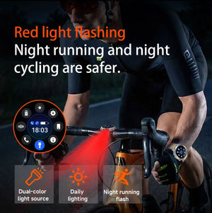 Cyclist at night with red light shining from the watch, plus quick-menu screen and three lighting icons