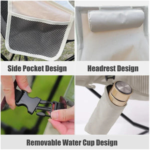 Side pocket, headrest, buckle and removable cup holder