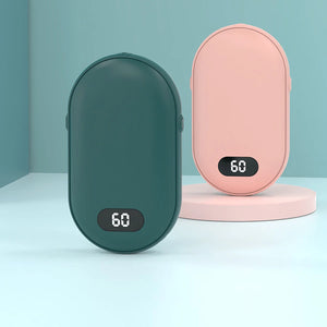 Green and pink rechargeable hand warmers side by side, both showing 60
