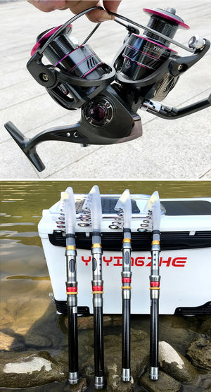 Spinning reel close-up and collapsed telescopic rods on a cooler