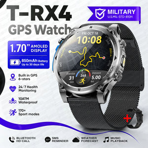 Gray watch with black mesh band and spare black silicone strap, city route map face with distance