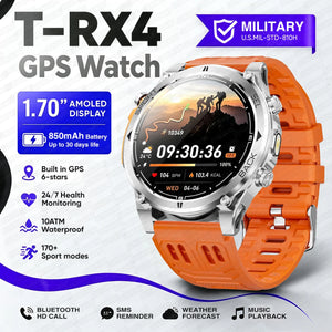 Silver watch with orange silicone band and orange side key, hiker watch face with time and weather