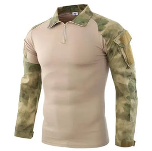 StealthWeave tactical shirt in Tan Green Camo with fold-down collar